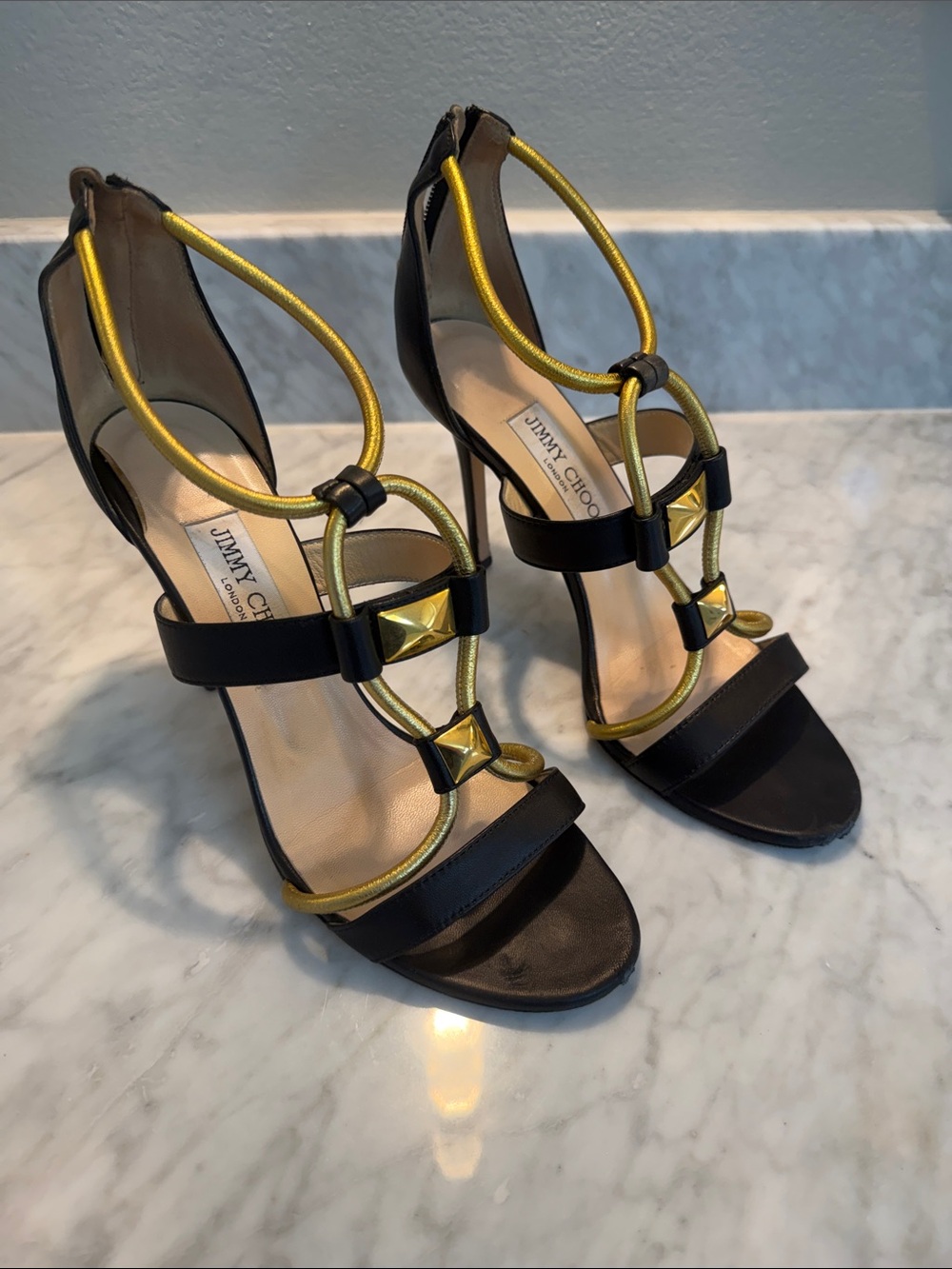 Jimmy Choo Black Sandal Heels with Gold Rope Detailing